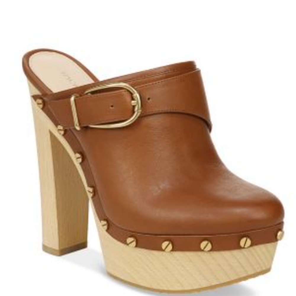 Veronica Beard Brown Leather Mules with Gold Accents